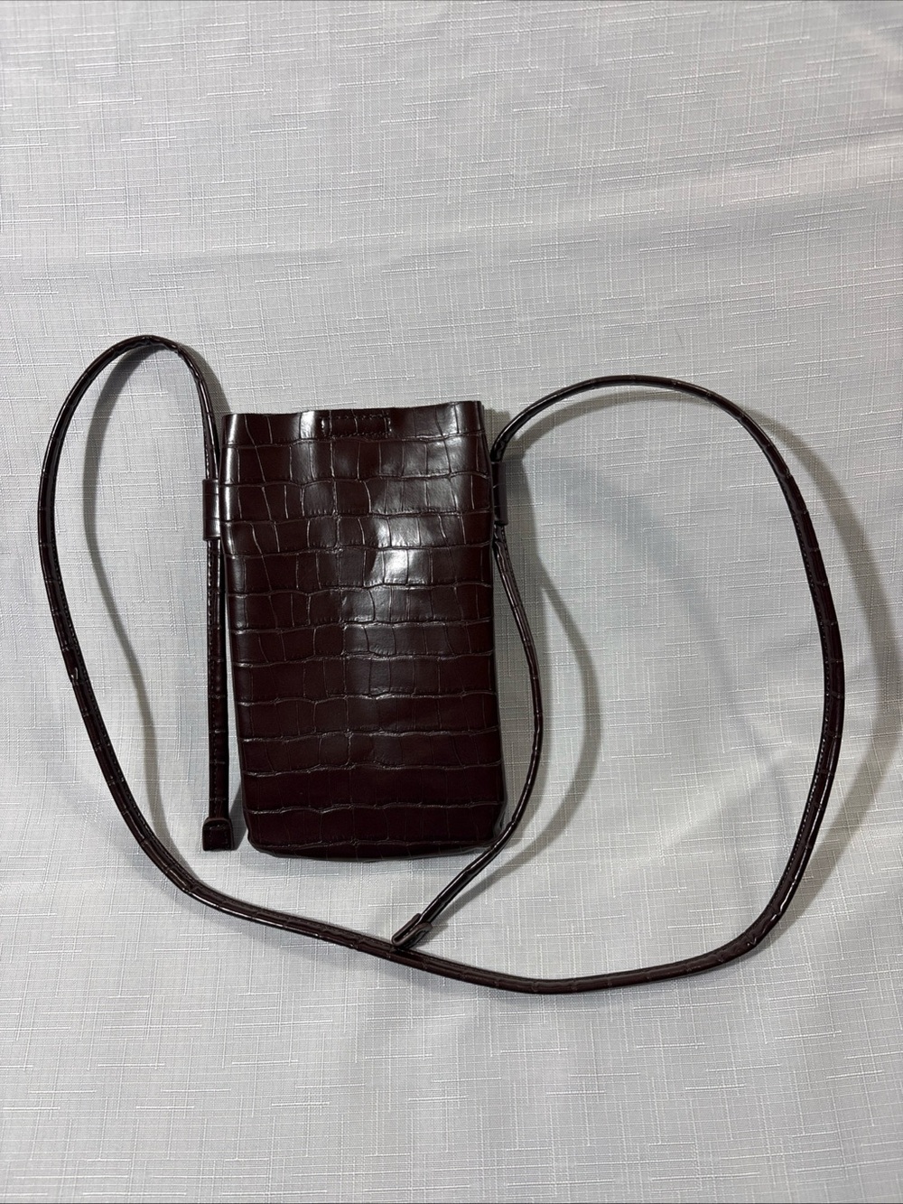 Croc-Embossed Dark Brown Crossbody Phone Bag